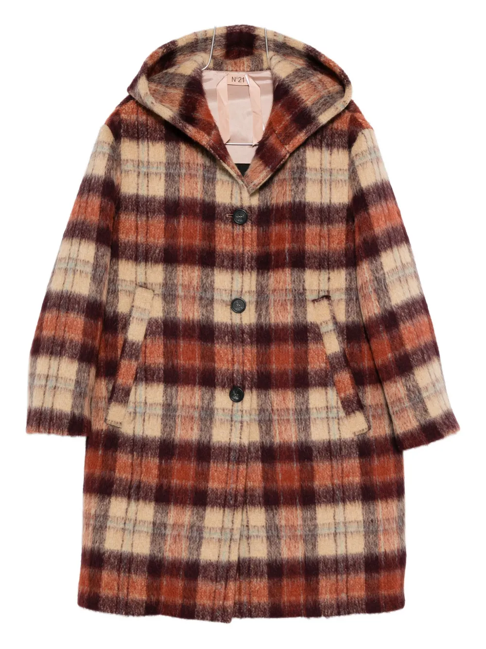 N°21 Hooded Checked Coat In Brown