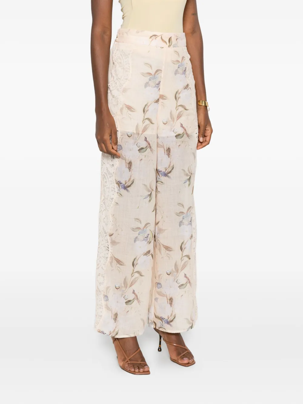 Zimmermann Floral-print Lace-insert Trousers In Neutral