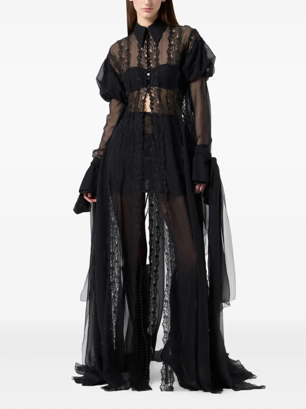 Blumarine Lace-panelled Puff-sleeve Top In Black