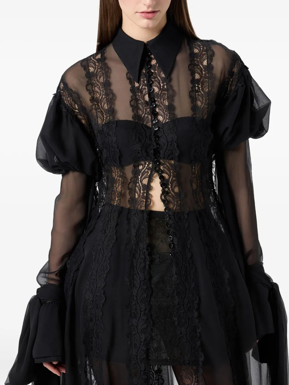 Blumarine Lace-panelled Puff-sleeve Top In Black