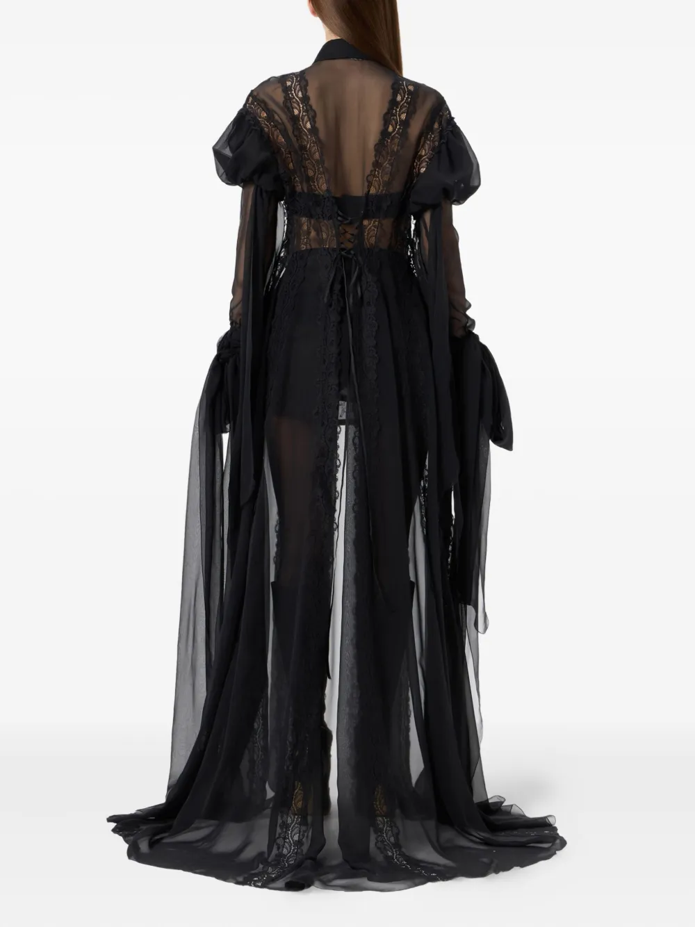 Blumarine Lace-panelled Puff-sleeve Top In Black