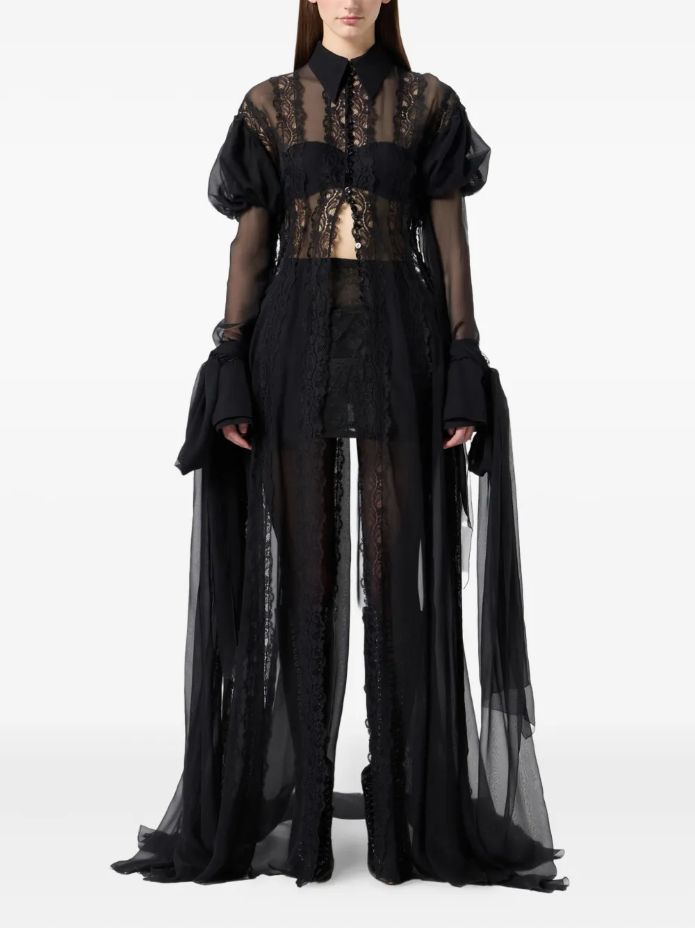 Blumarine lace-panelled puff-sleeve top - Zwart