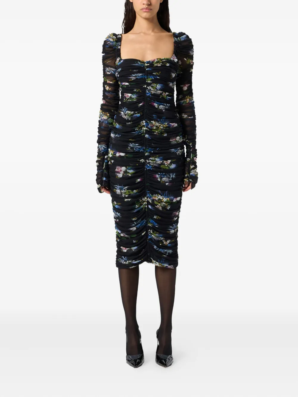 Blumarine Floral Tulle Dress With Long Sheer Sleeves In Black