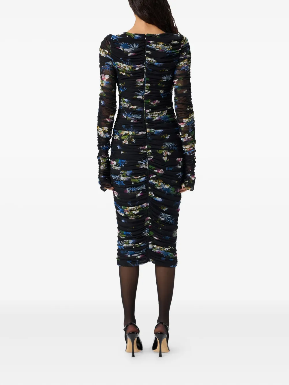 Blumarine Floral Tulle Dress With Long Sheer Sleeves In Black