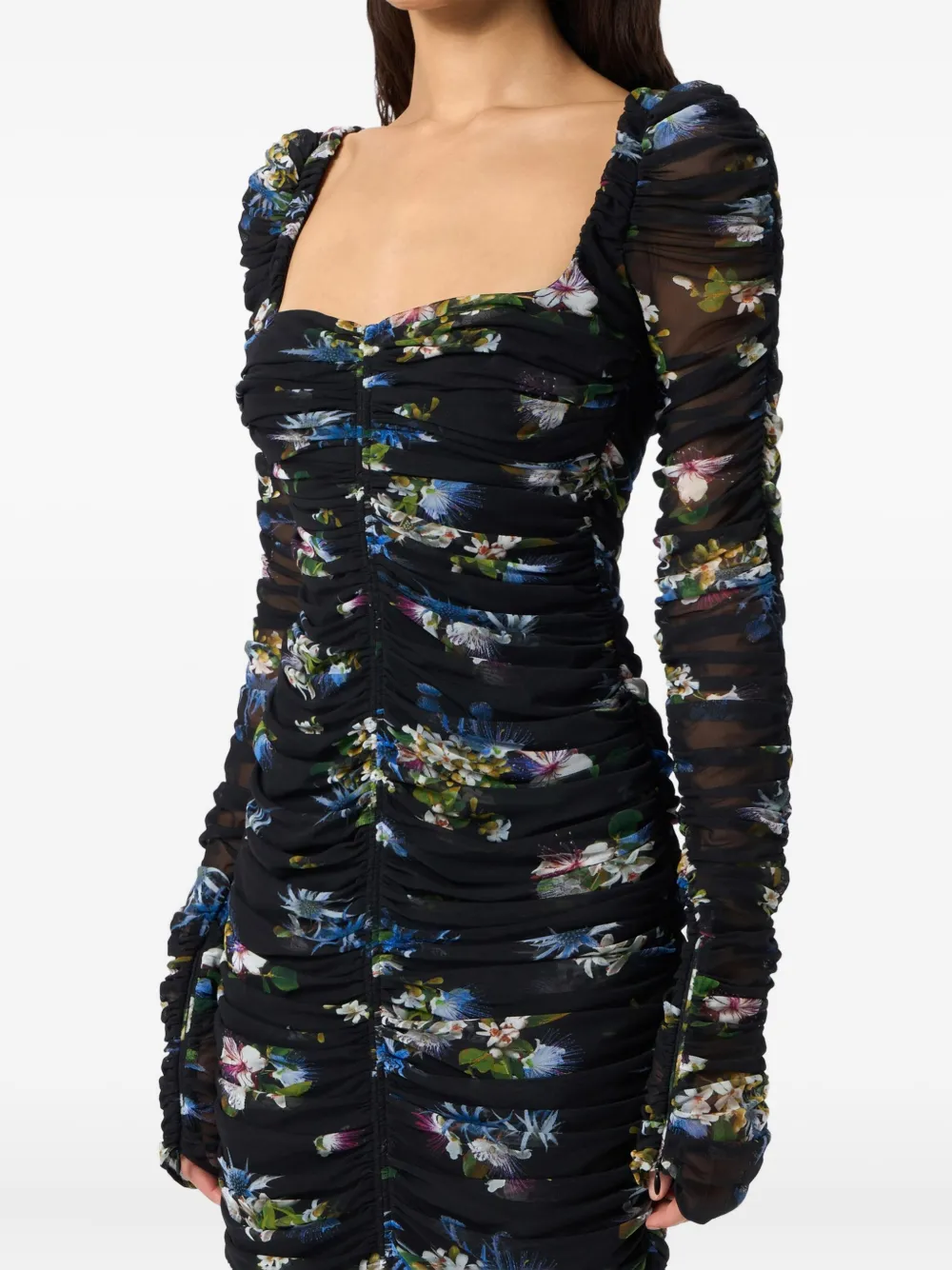 Blumarine Floral Tulle Dress With Long Sheer Sleeves In Black