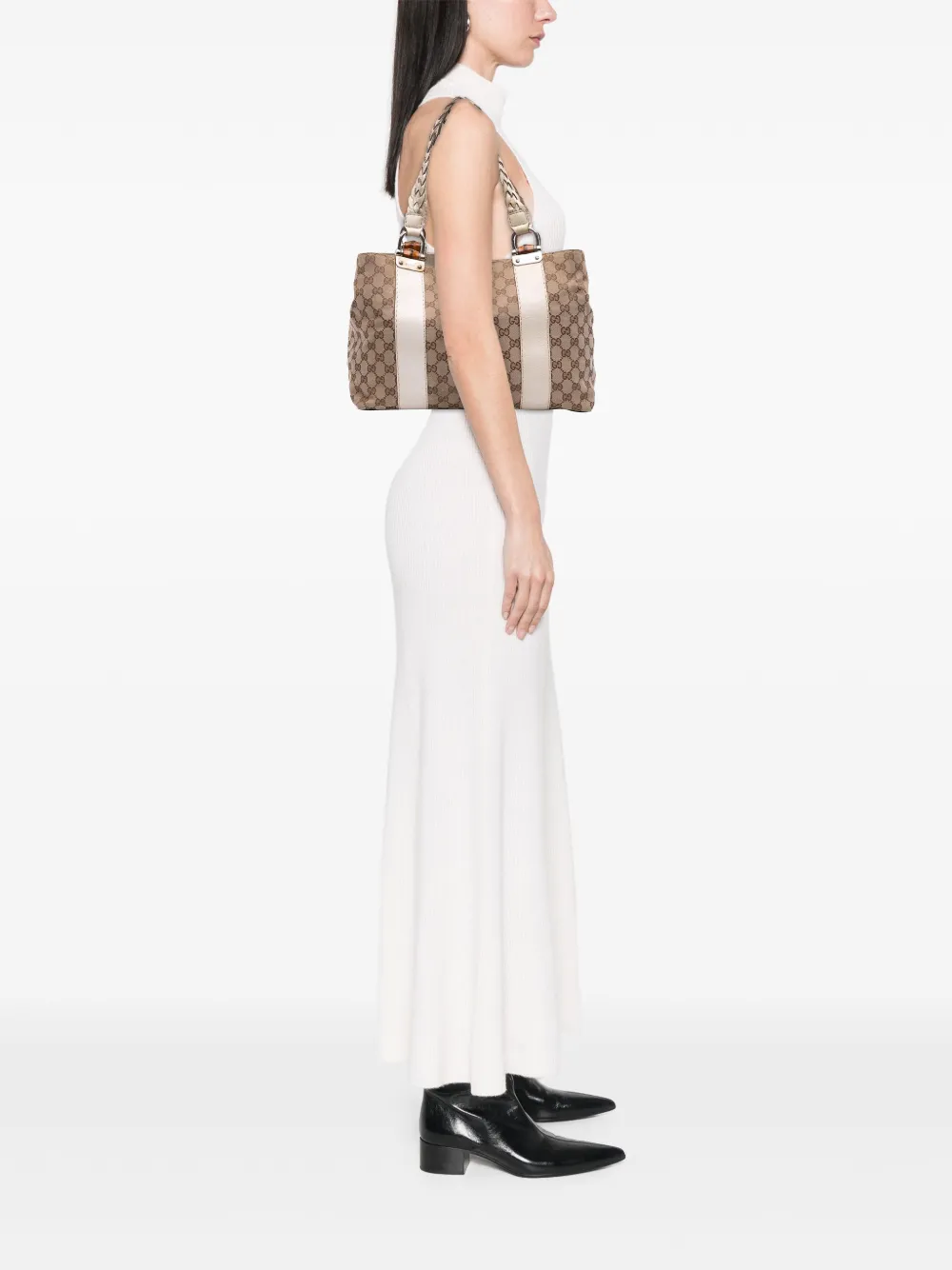 Pre-owned Gucci 2016-2025 Medium Gg Canvas Bamboo Libeccio Tote Bag In Brown
