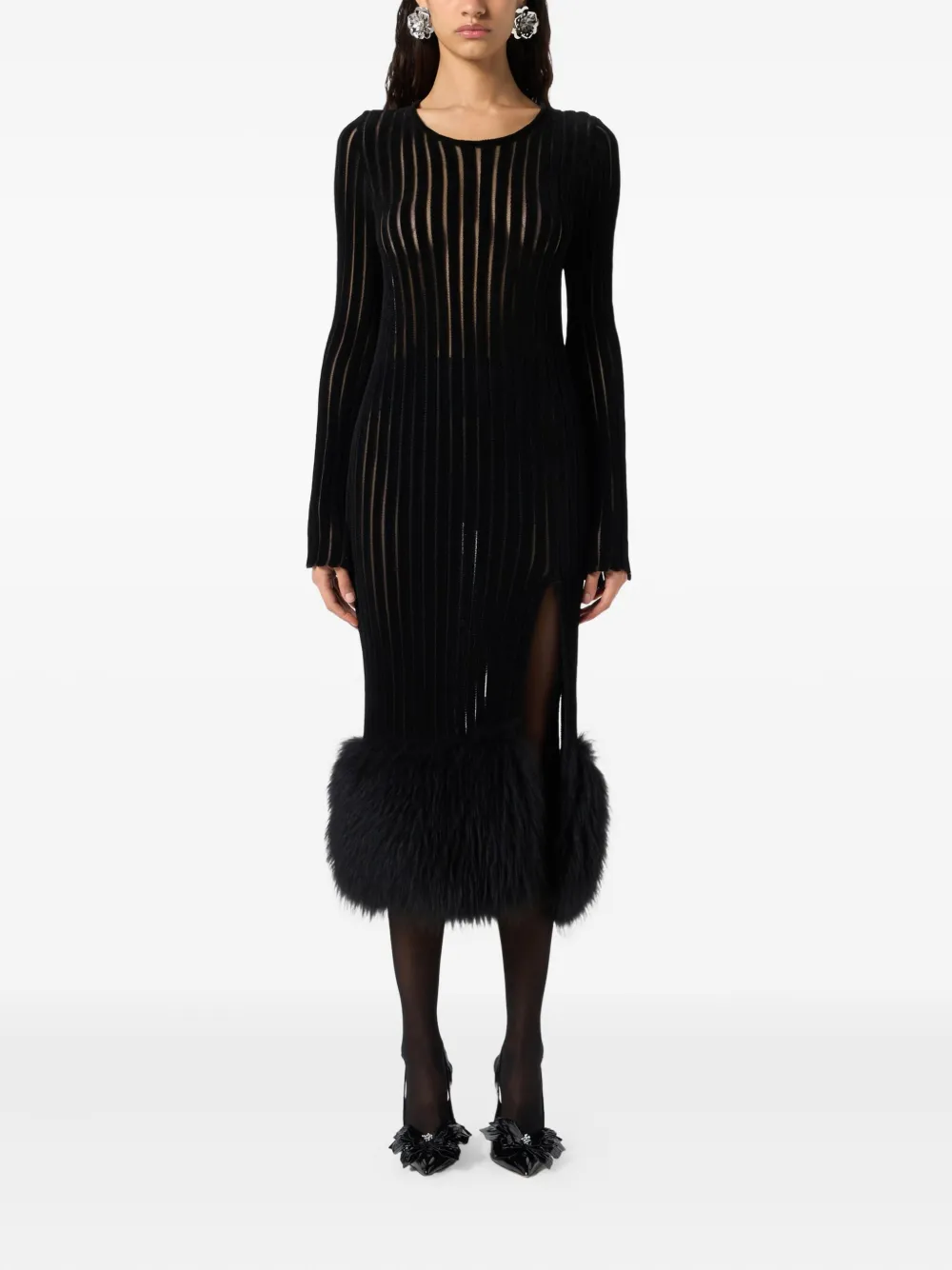 Blumarine Knit Faux Fur-trimmed Midi Dress In Black