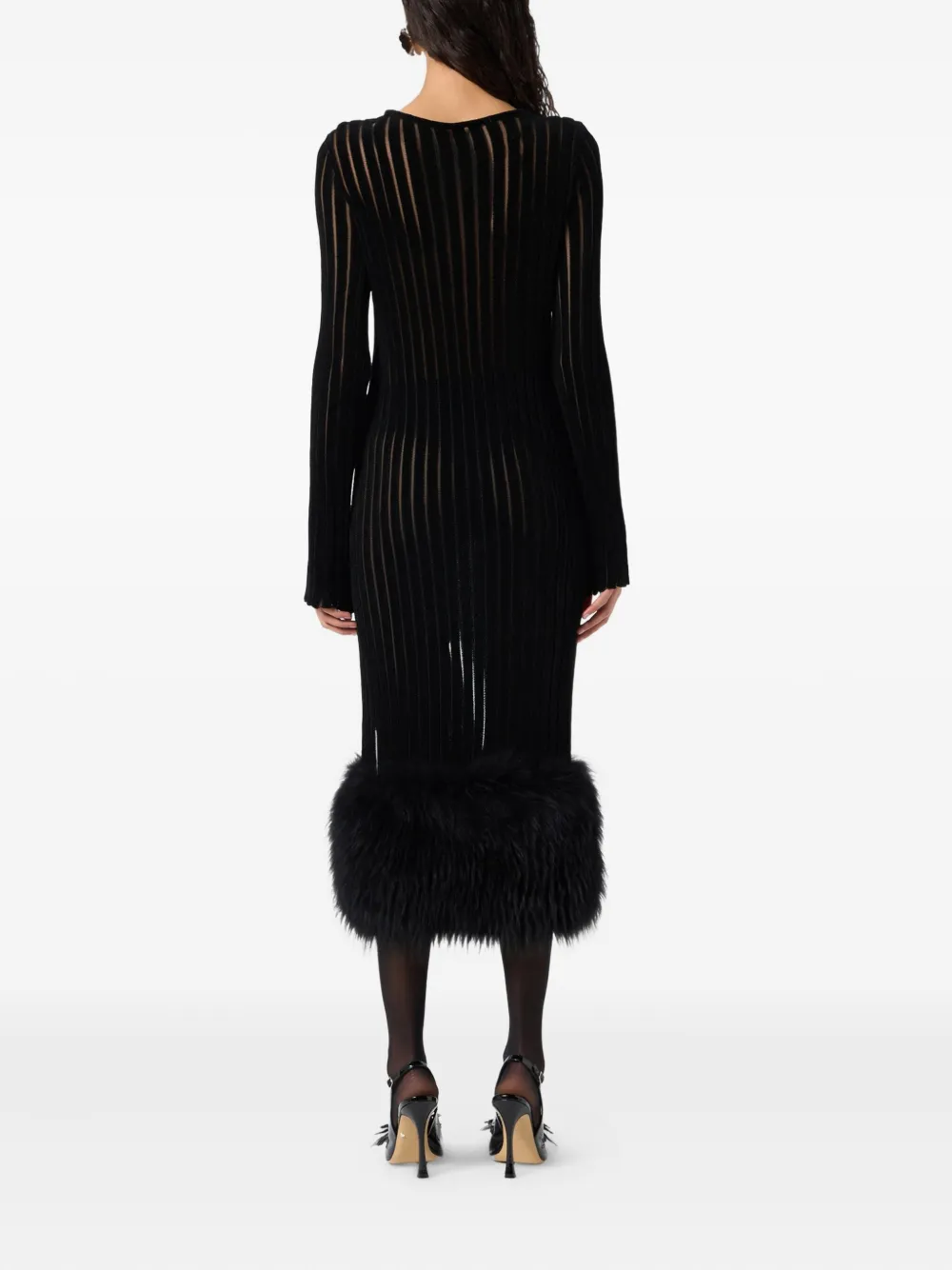 Blumarine Knit Faux Fur-trimmed Midi Dress In Black
