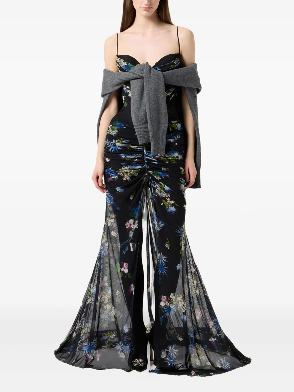 Blumarine Floral-print Ruched Maxi Dress In Black