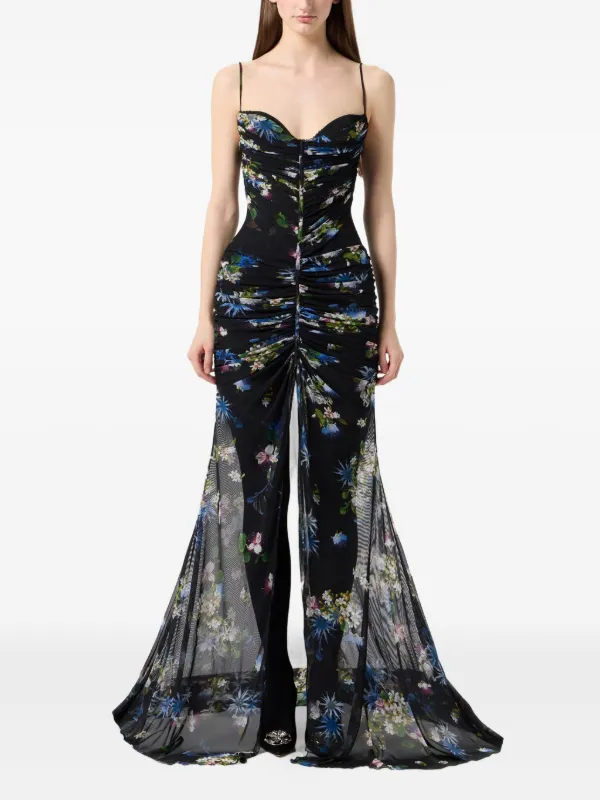 aveline maxi dress Aveline Mesh Ruched Halter Midi Dress in floral mesh