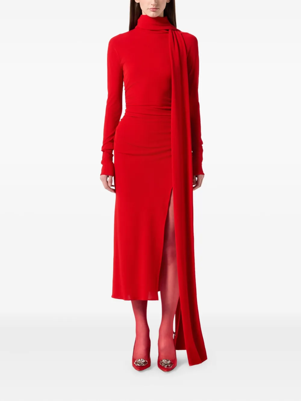 Blumarine Gedrapeerde midi-jurk met hoge hals - Rood