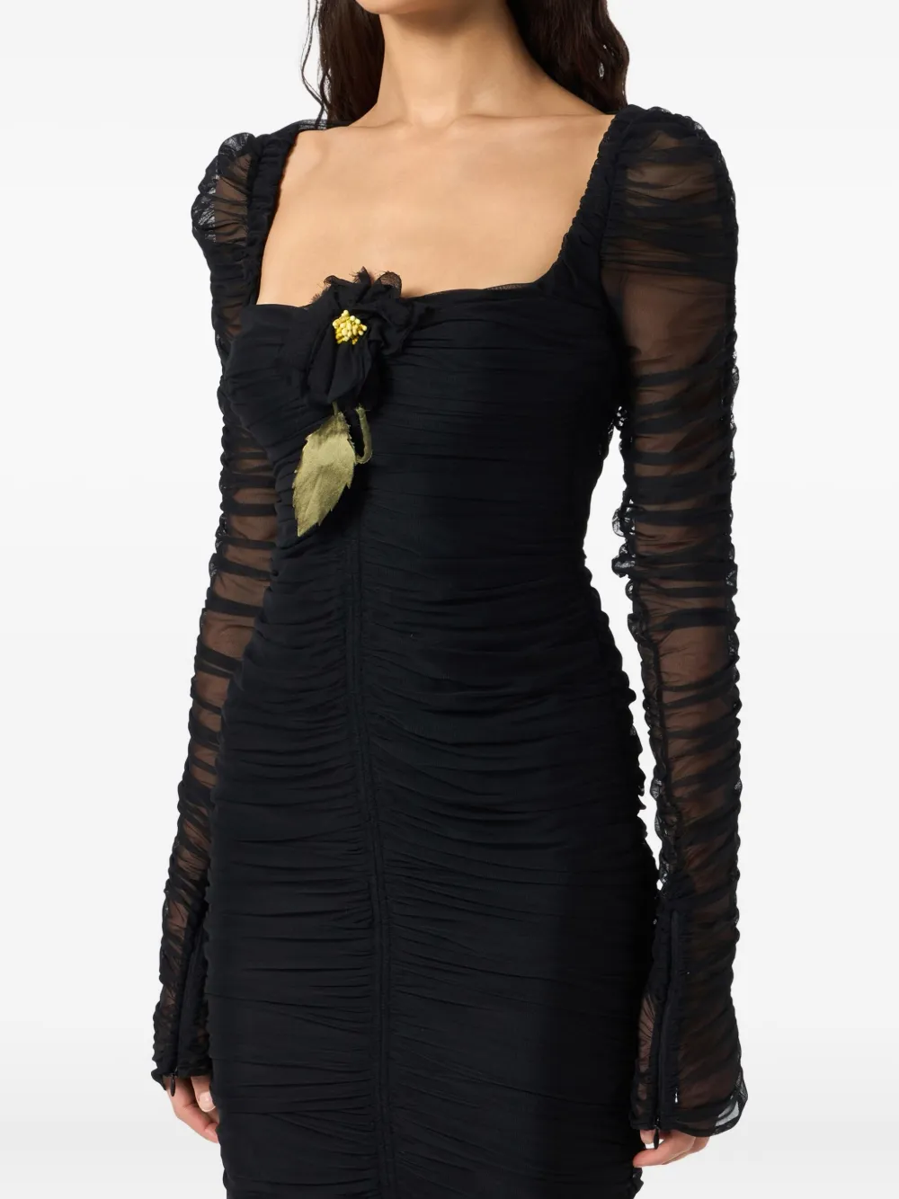 Blumarine Gesmockte midi-jurk verfraaid met bloemen Zwart