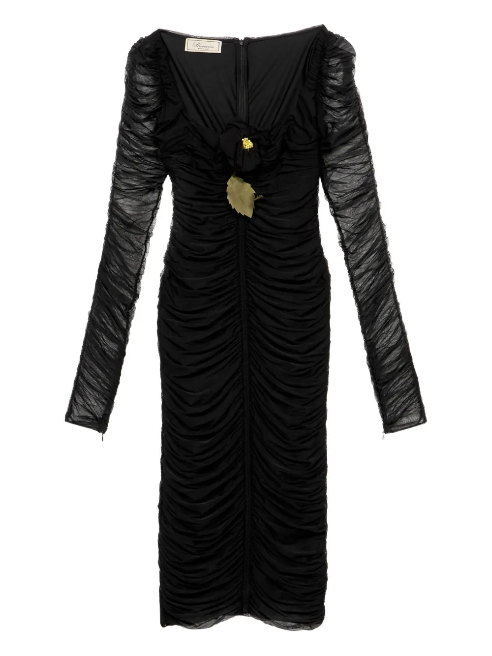 Blumarine flower-embellished gathered midi dress - ブラック Blumarine flower-embellished gathered midi dress - ブラック