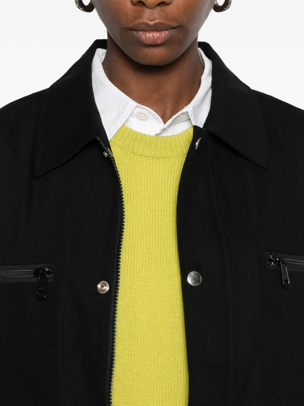 6397 Button-fastening Zip-pocket Jacket In Black
