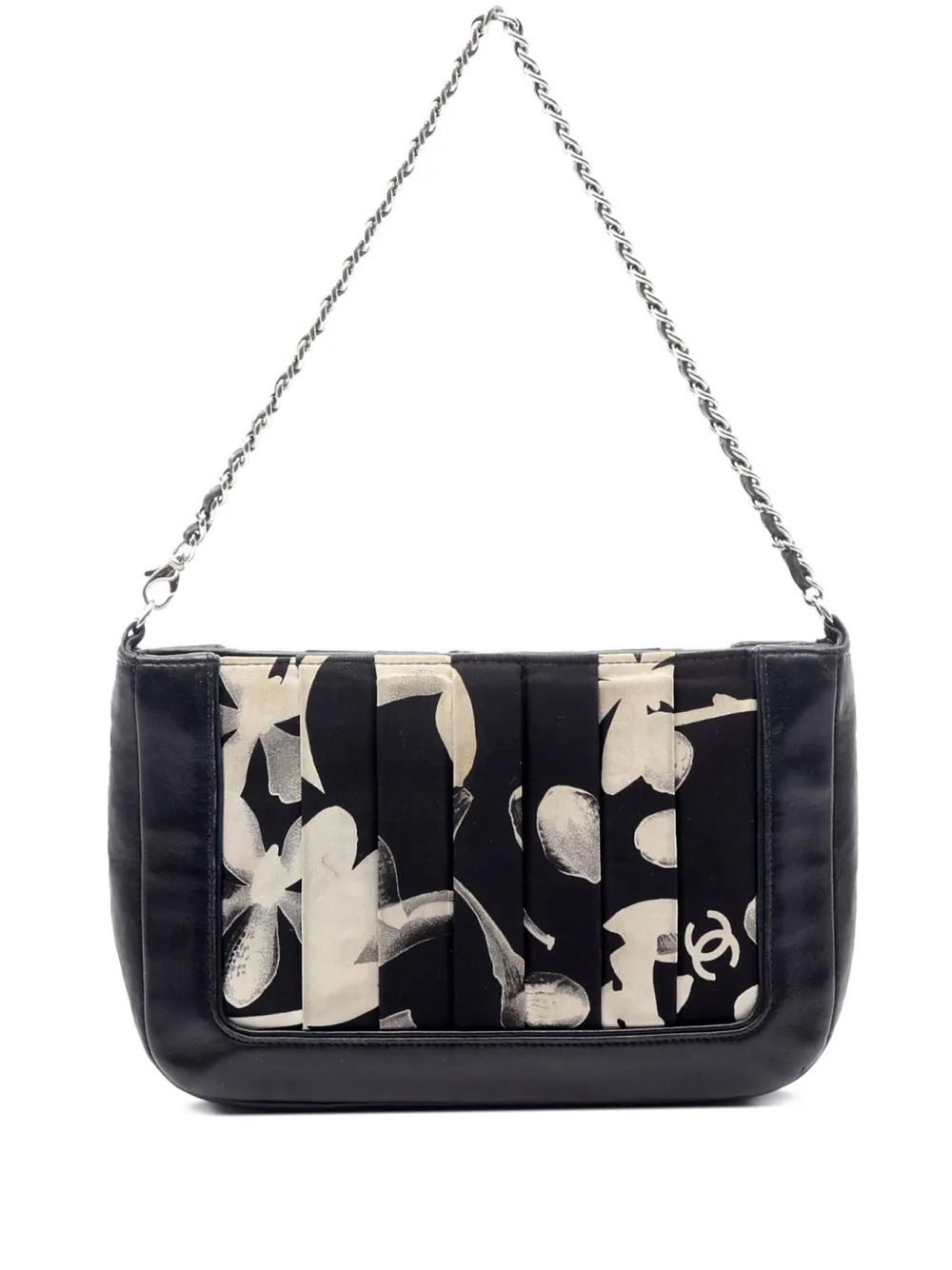 Pre-owned Chanel 2004-2005 Cc Printed Silk And Lambskin Flower Pleats Clutch Bag Shoulder Bag In Black