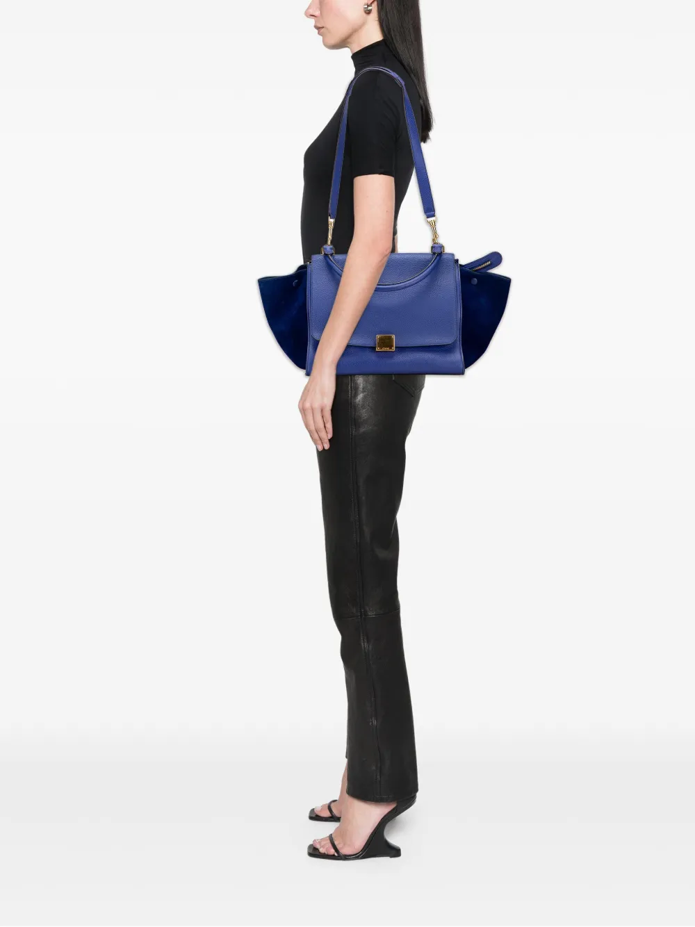 Pre-owned Celine 2014 Small Drummed Calfskin And Suede Trapeze Satchel In Blue