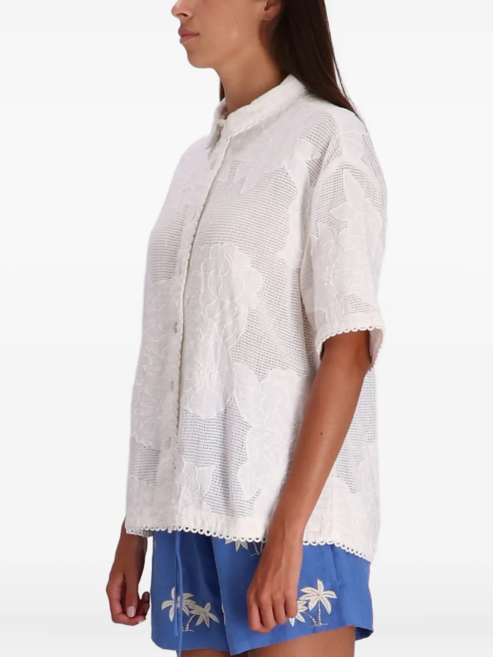 Farm Rio Embroidered-floral Cotton Shirt In White