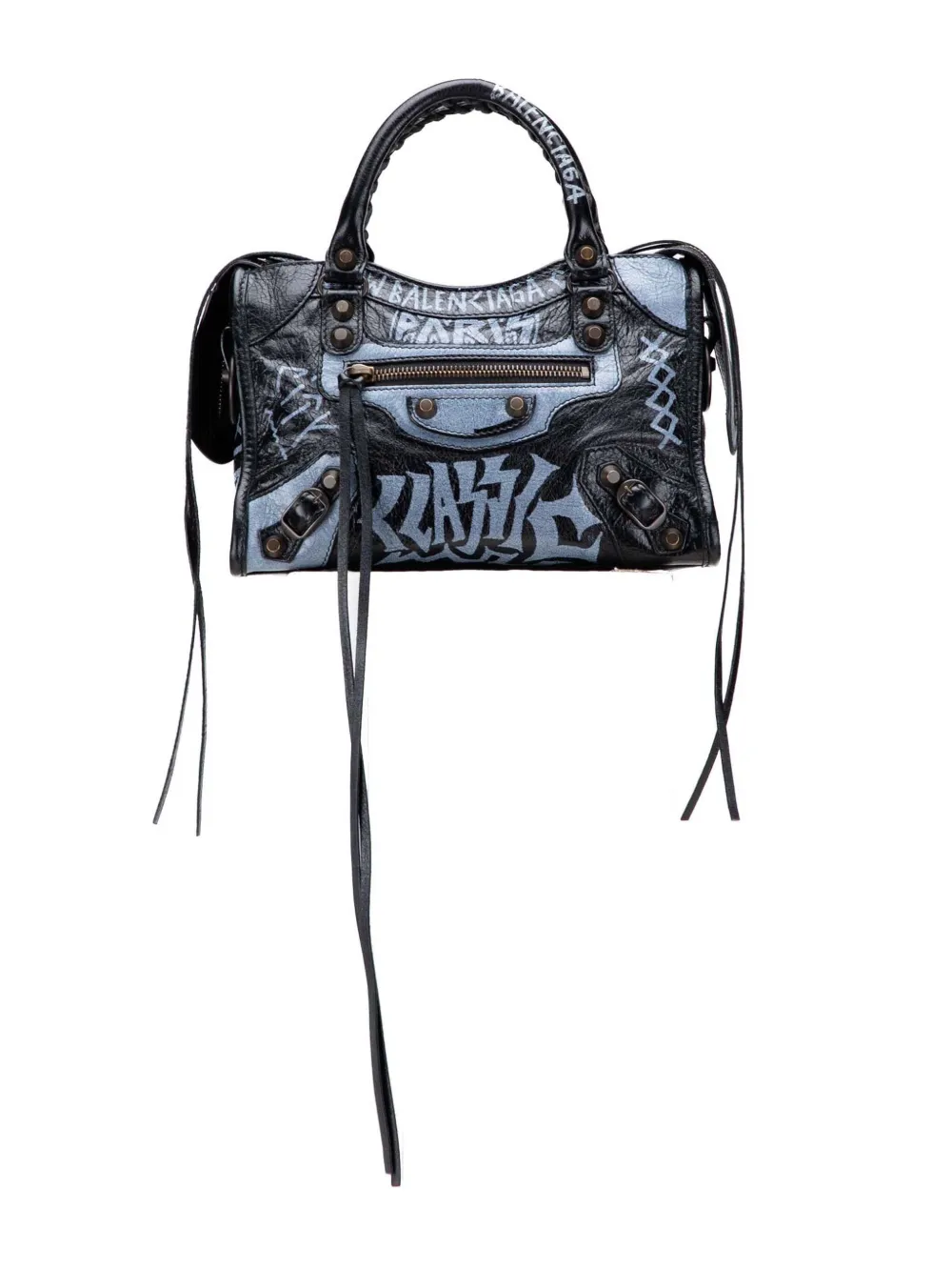 Pre-owned Balenciaga 2018 Mini Lambskin Motocross Graffiti Classic City Satchel In Black