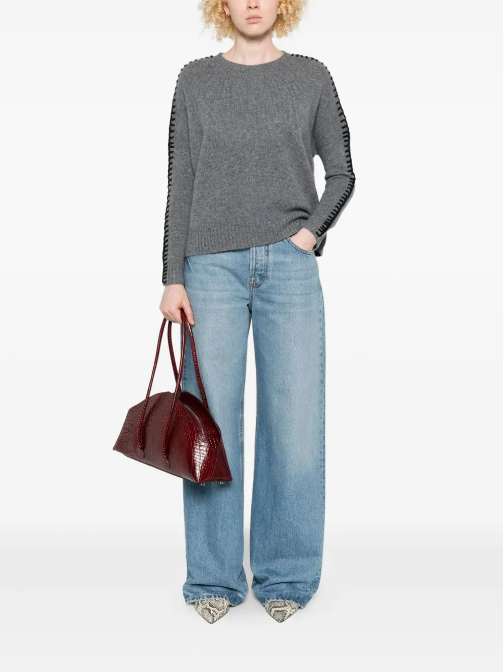 Kujten Crew-neck Braided-trim Sweater In Gray