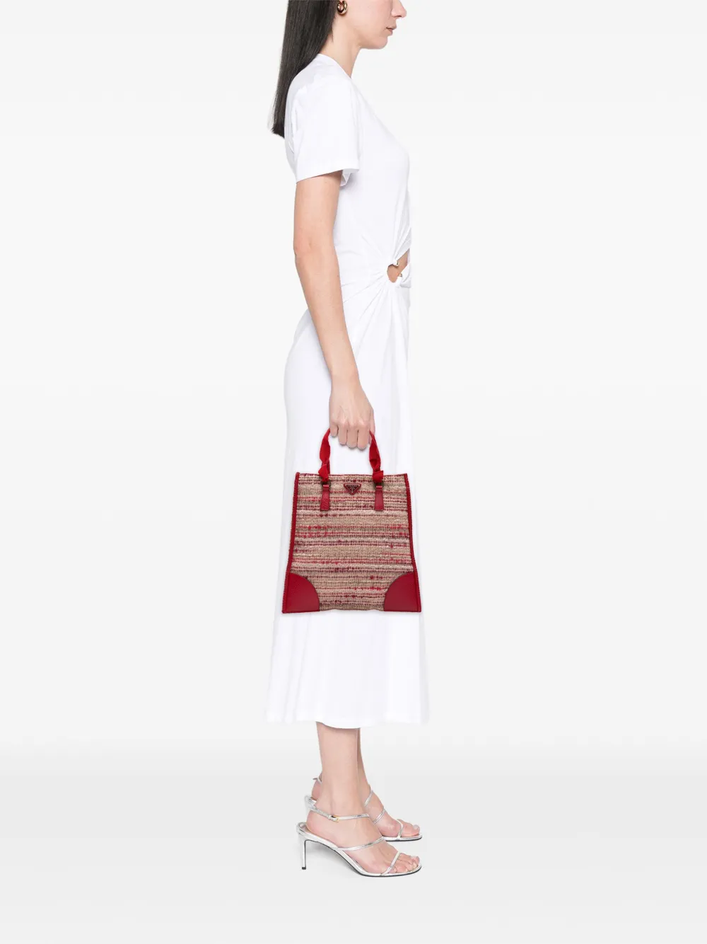 Pre-owned Prada 2000-2013 Vitello Trimmed Tweed Flat Tote Bag In Red