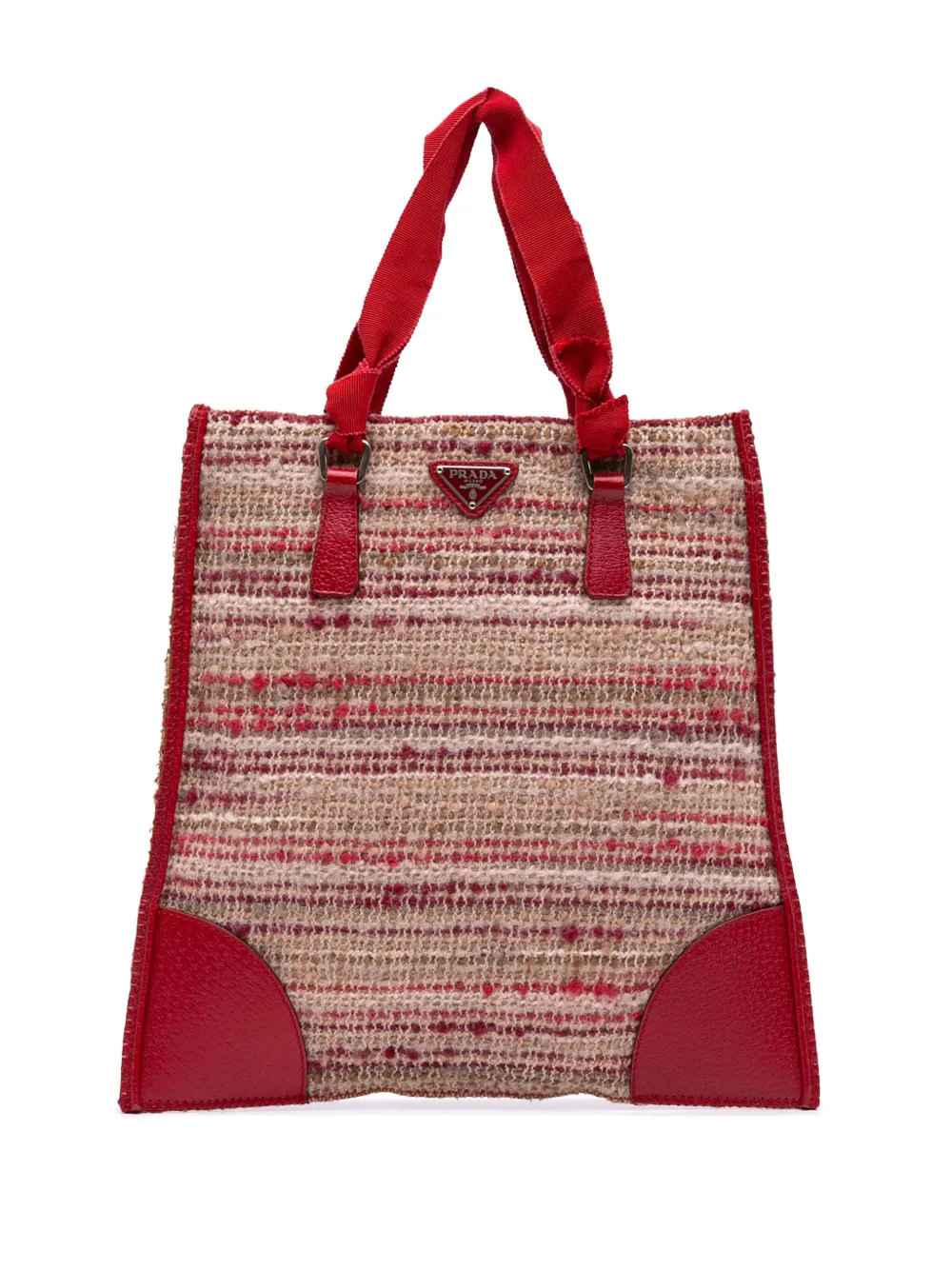 Pre-owned Prada 2000-2013 Vitello Trimmed Tweed Flat Tote Bag In Red