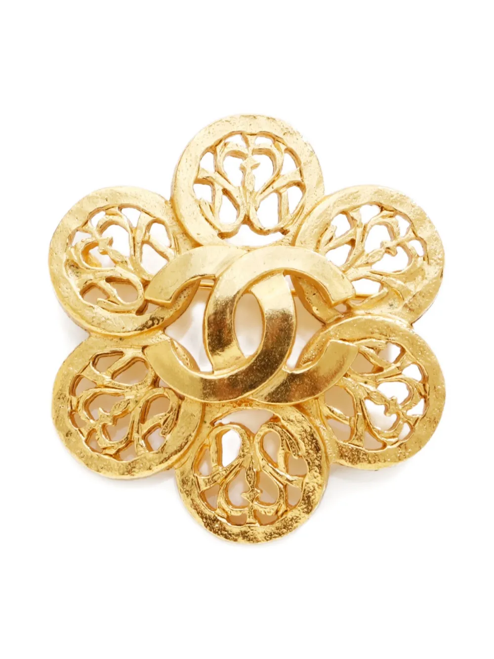 Pre-owned Chanel 1995 Cc Mark Flower Brooch In Gold