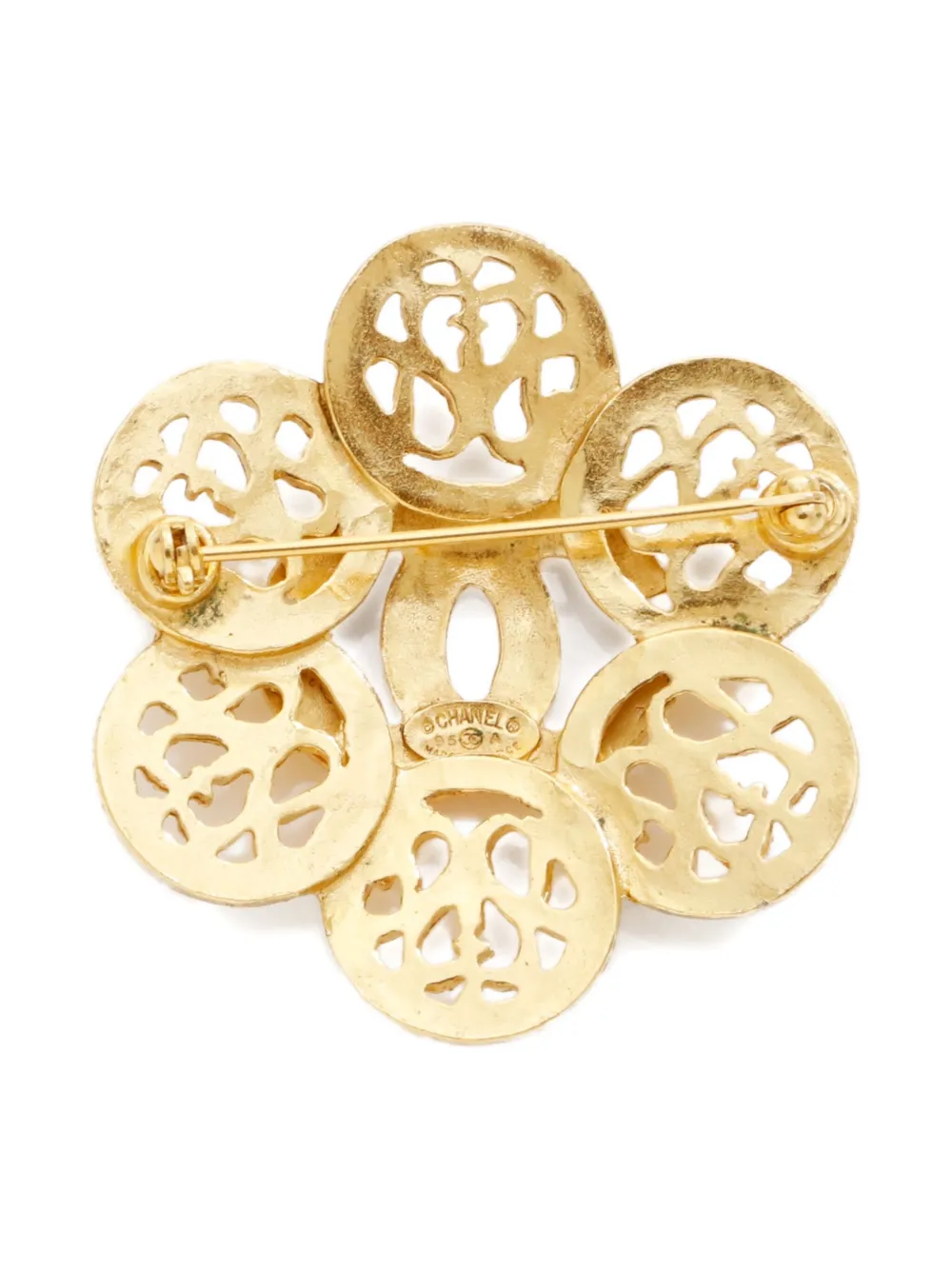 Pre-owned Chanel 1995 Cc Mark Flower Brooch In Gold