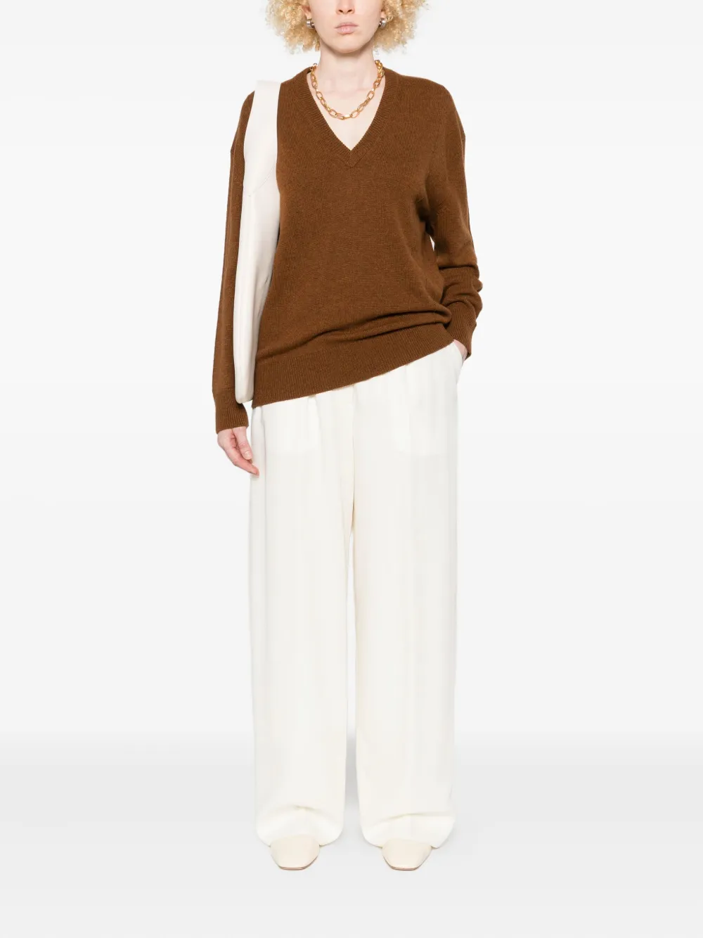 Jil Sander V-neck Wool-blend Sweater In Brown