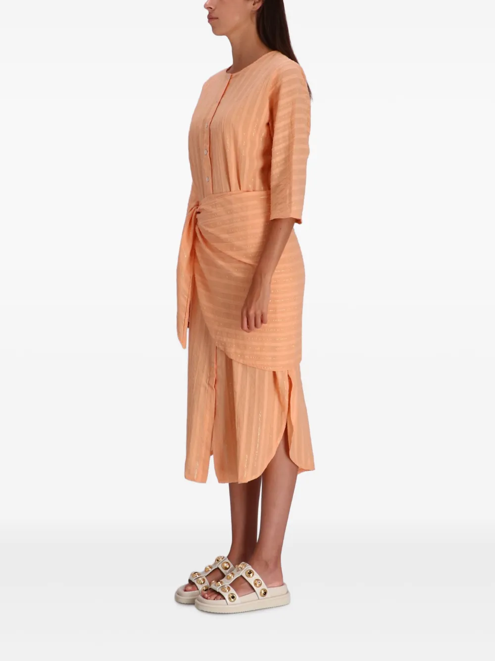 Devotion Metallic-striped Button Midi Dress In Orange