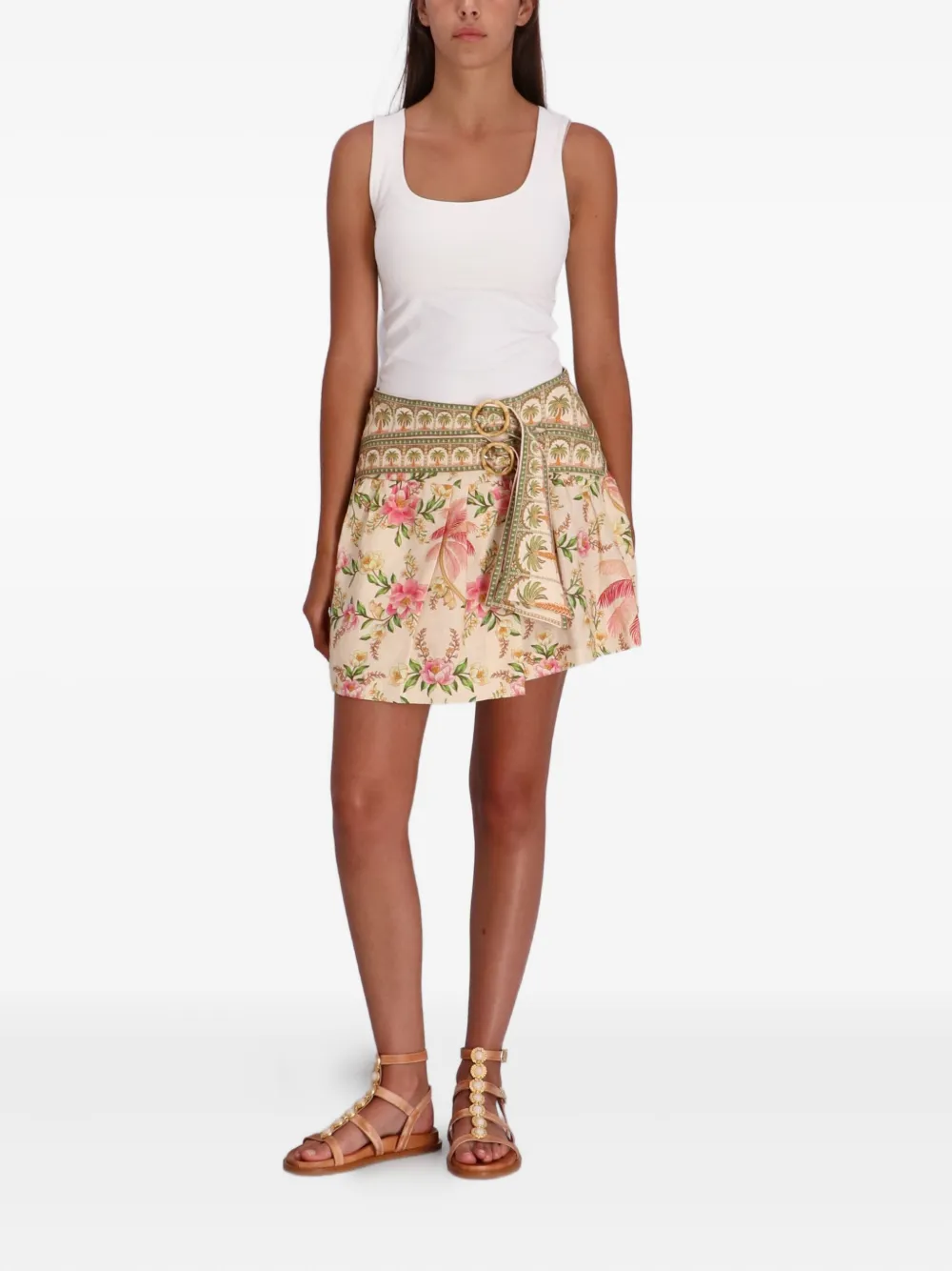 FARM Rio Mini-rok met plooien, ceintuur en bloemenprint - Beige