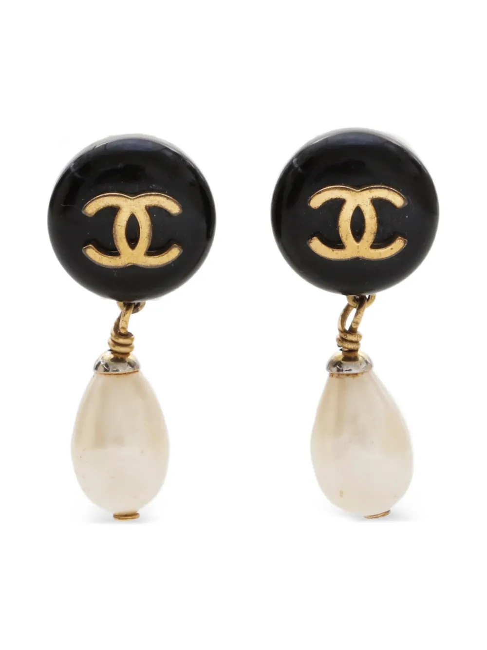 CHANEL Pre-Owned 1994 ココマーク パール ドロップピアス - ブラック CHANEL Pre-Owned 1994 ココマーク パール ドロップピアス - ブラック