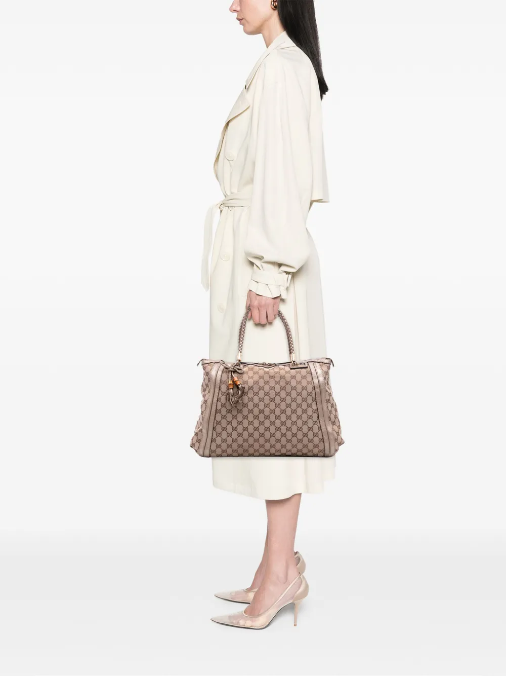Pre-owned Gucci 2016-2025 Large Gg Canvas Bella Satchel In Brown