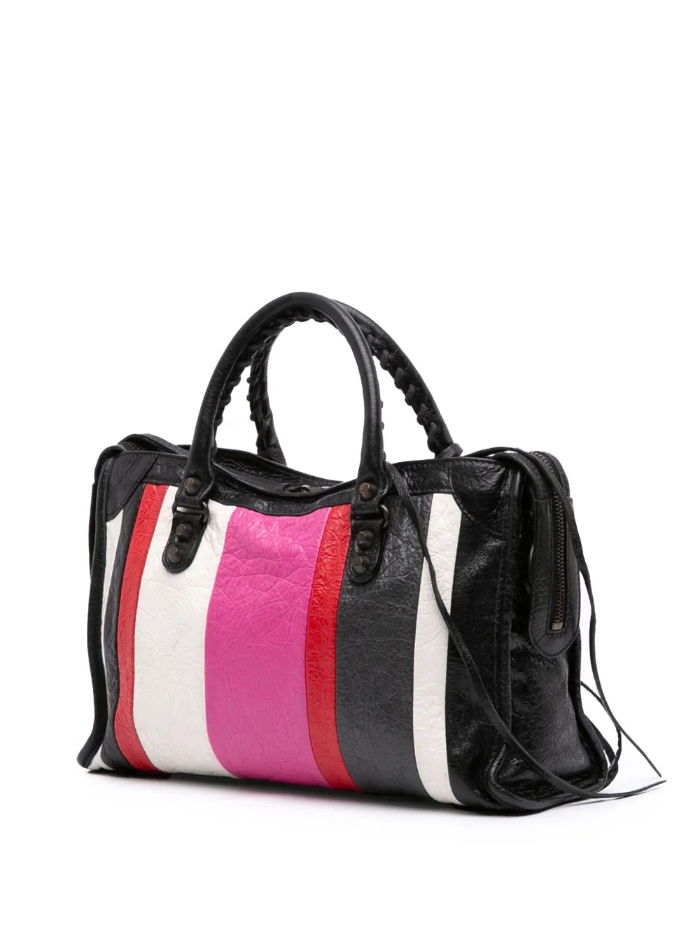 Pre-owned Balenciaga 2018 Small Lambskin Motocross Striped Classic City Satchel In Black