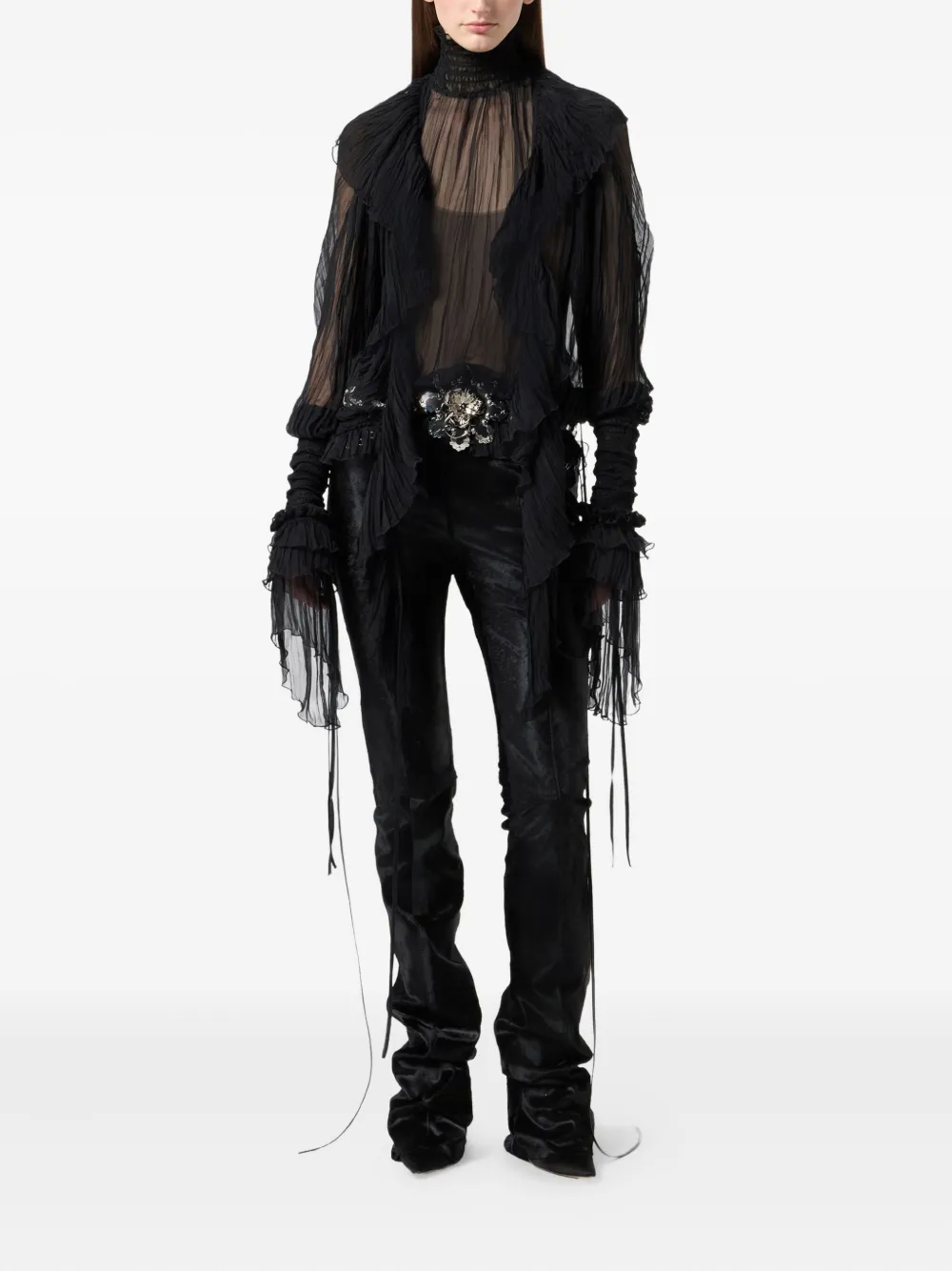 Blumarine Blouse met hoge hals en kant - Zwart