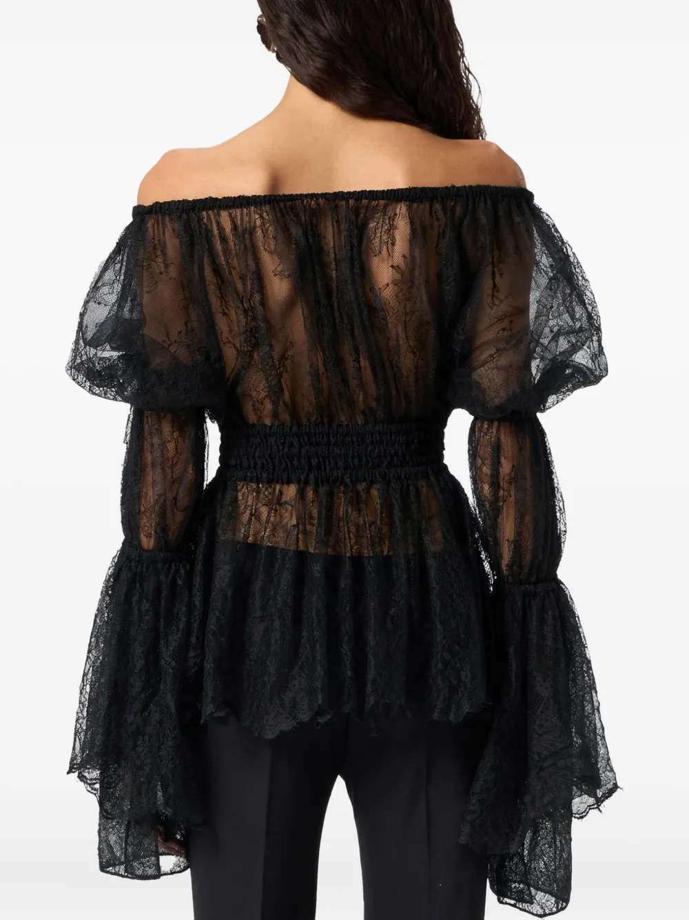 Blumarine Lace-trimmed Bell-sleeve Top In Black