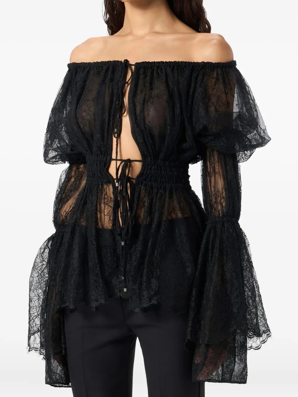 Blumarine Lace-trimmed Bell-sleeve Top In Black