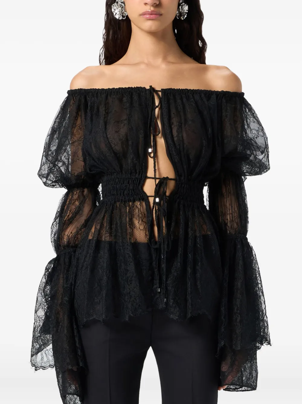 Blumarine Lace-trimmed Bell-sleeve Top In Black