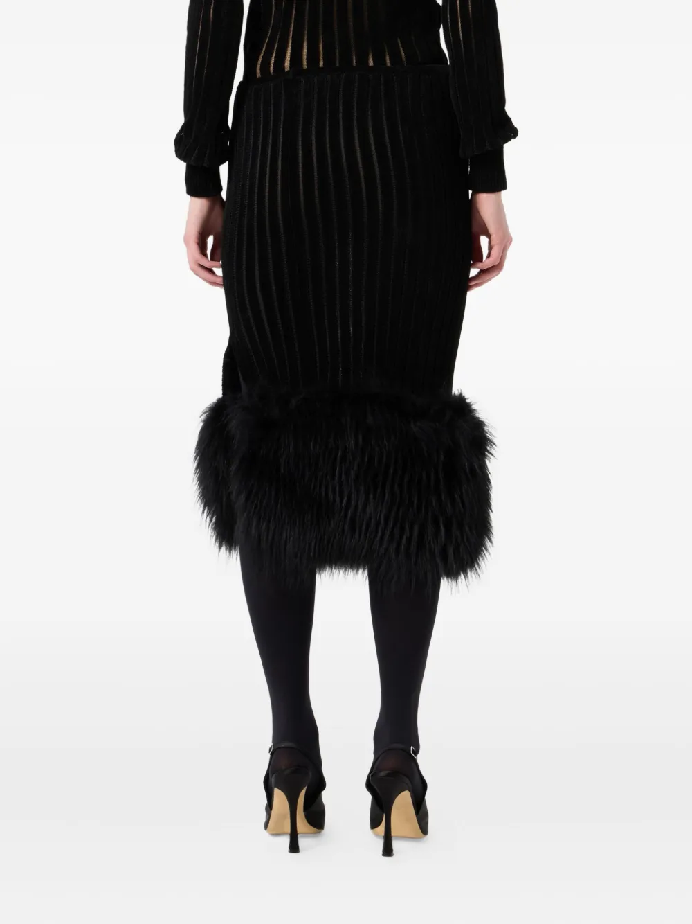 Blumarine Ribbed Fur-trimmed Midi Skirt In Black