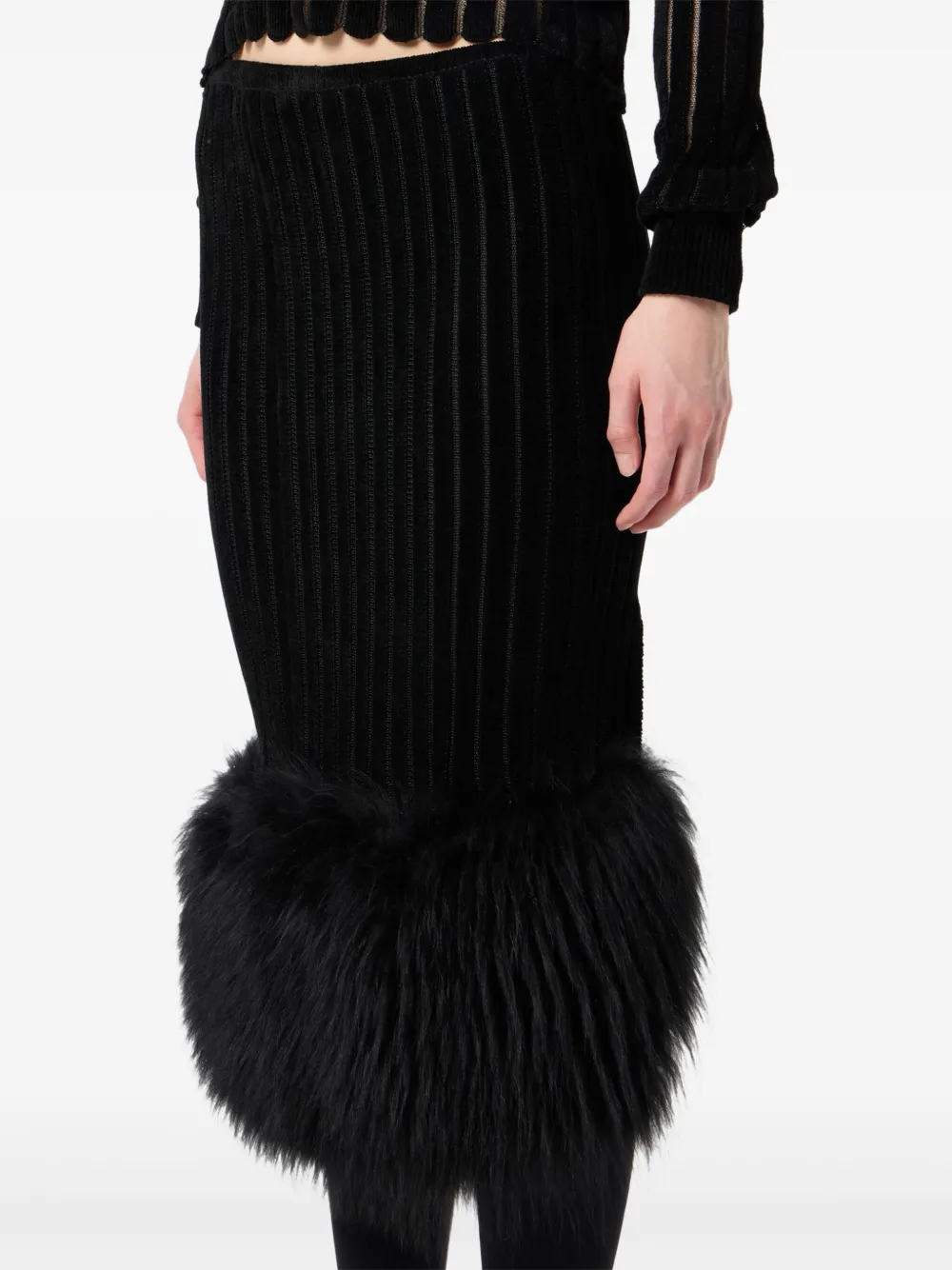 Blumarine Ribbed Fur-trimmed Midi Skirt In Black