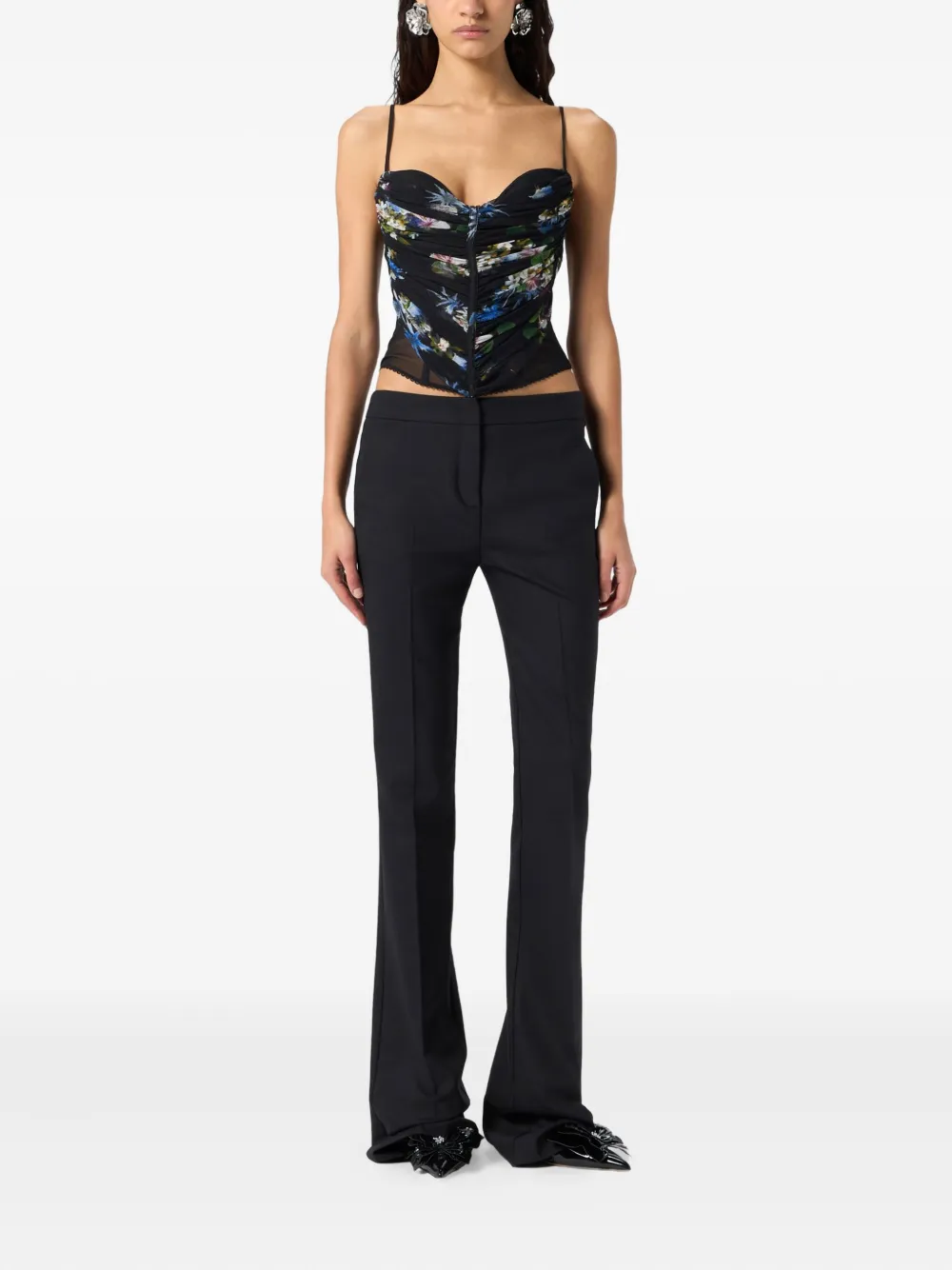 Blumarine floral-print ruched top - Zwart