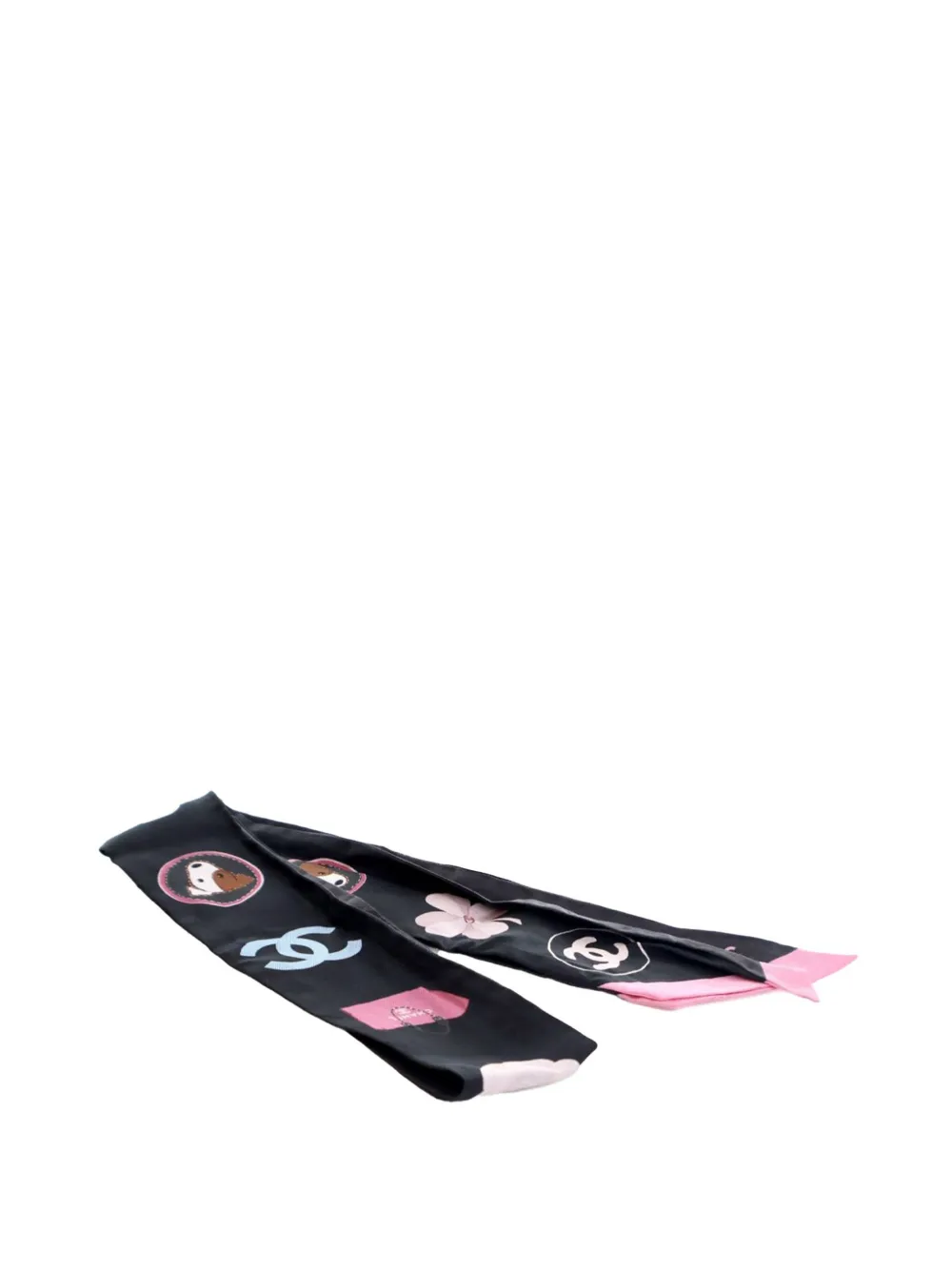 CHANEL Pre-Owned 2010-2025 CC Logo Camellia and Dog Silk Bandeau Scarf CHANEL Pre-Owned 2010-2025 CC Logo Camellia and Dog Silk Bandeau Scarf