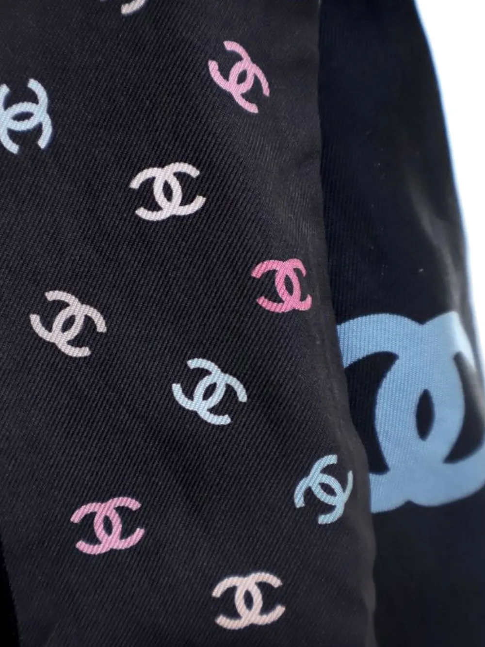 Pre-owned Chanel 2010-2025 Cc Logo Camellia And Dog Silk Bandeau Scarf Scarves In Black