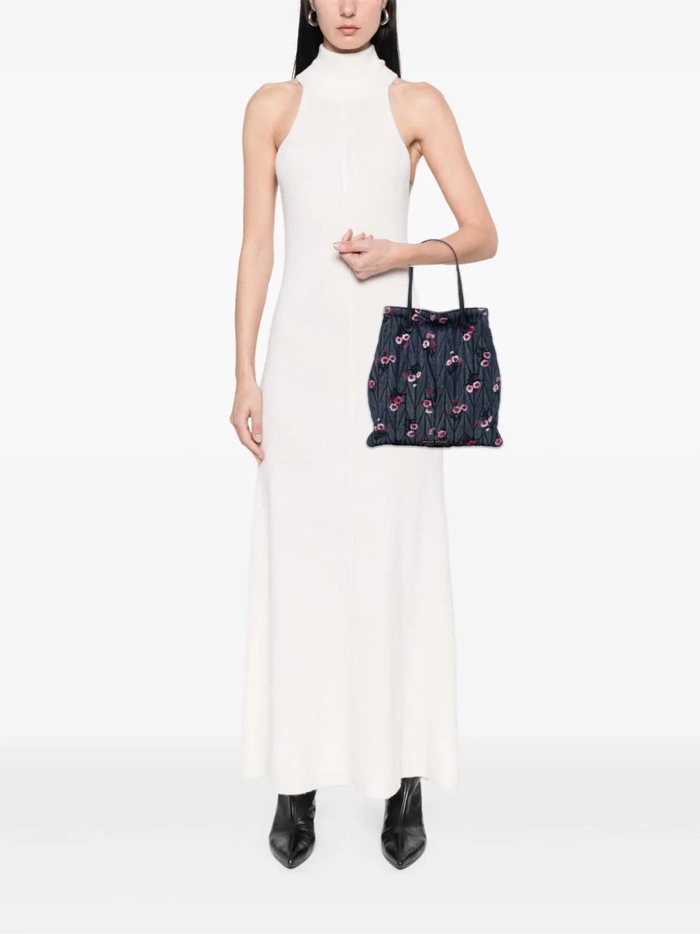 Pre-owned Miu Miu 2010-2025 Matelasse Embroidered Denim Shoulder Bag In Blue