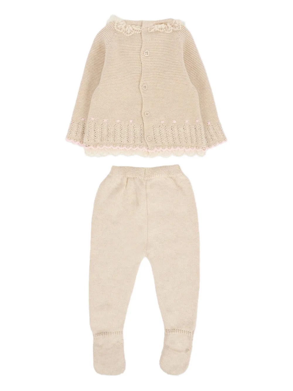 Paz Rodriguez Gebreide top en broek set met afwerking van kant - Beige