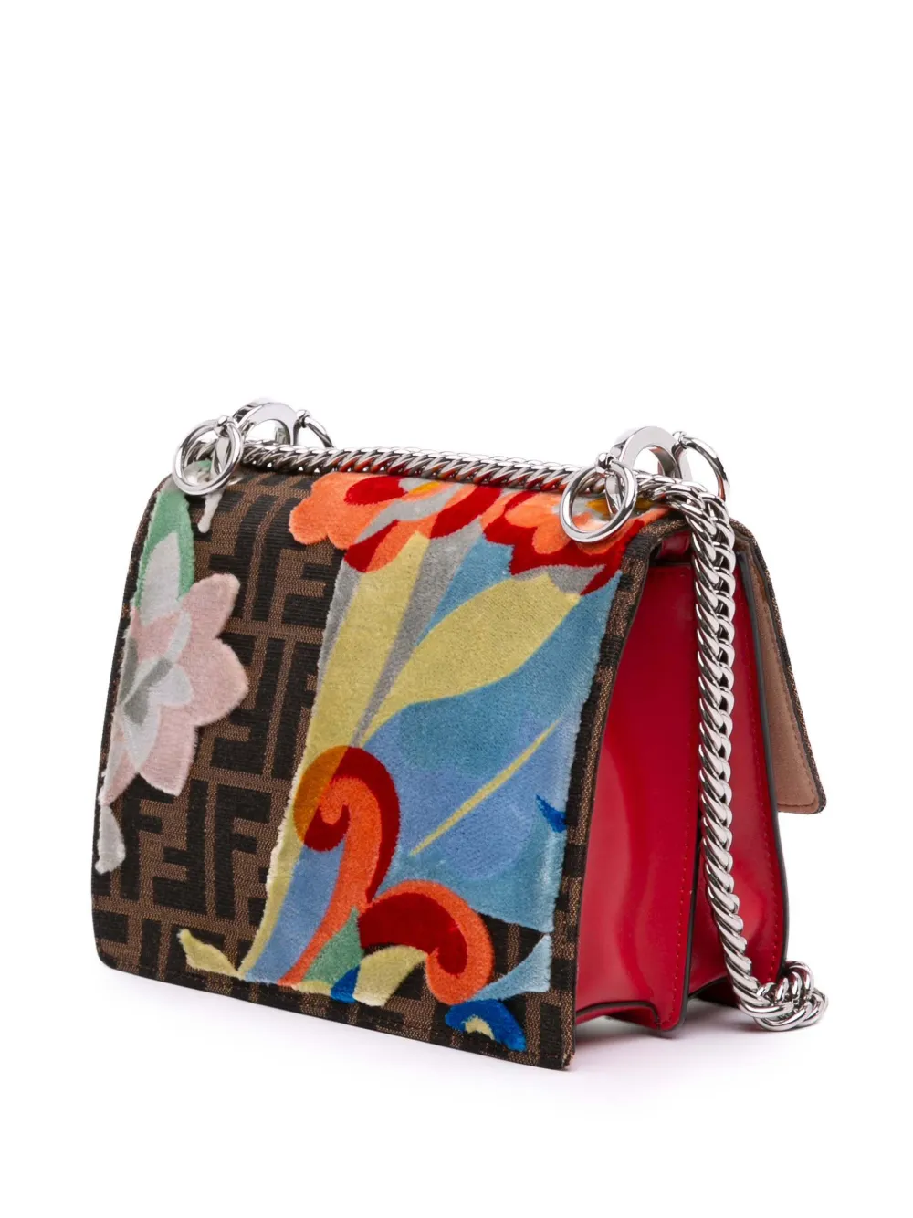 Pre-owned Fendi 2010-2025 Small Velvet Embroidered Zucca Canvas And Leather Kan I Crossbody Bag In Red