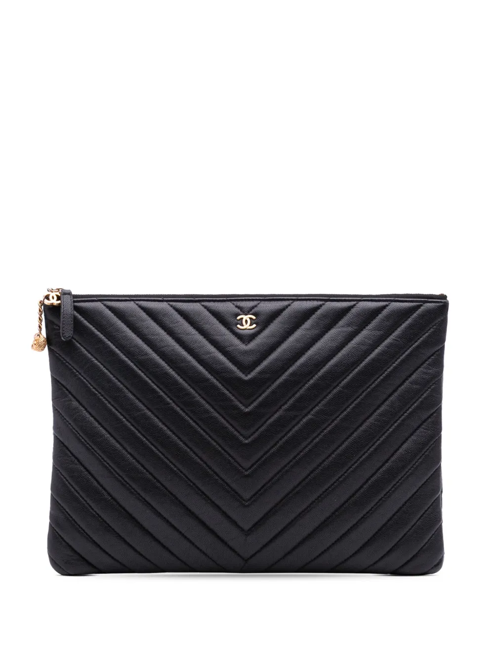 Pre-owned Chanel 2018 Large Chevron Caviar Ancient Greek Charms O Case Clutch Bag In Black