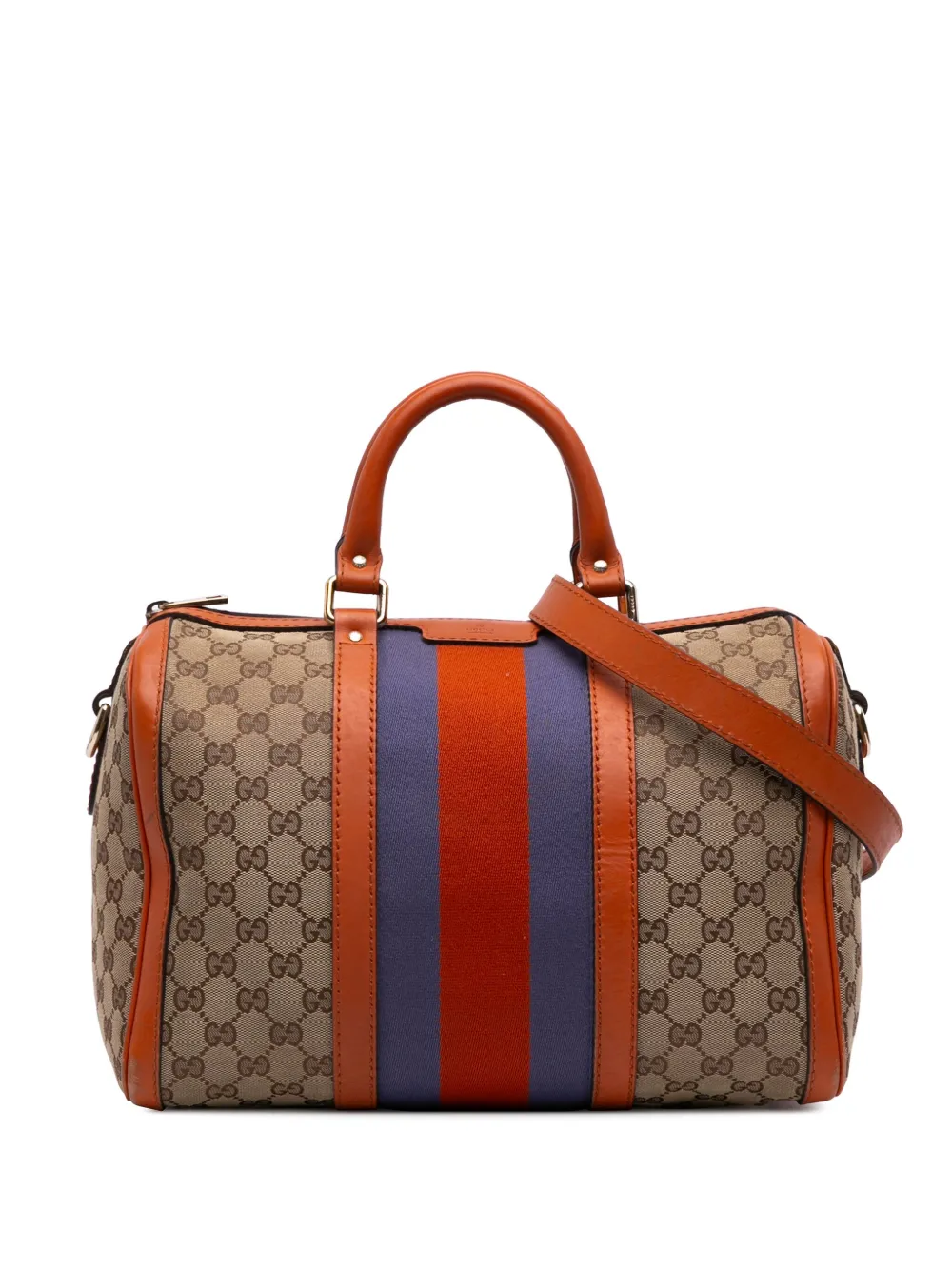 Pre-owned Gucci 2016-2025 Medium Gg Canvas Web Joy Boston Bag Satchel In Brown
