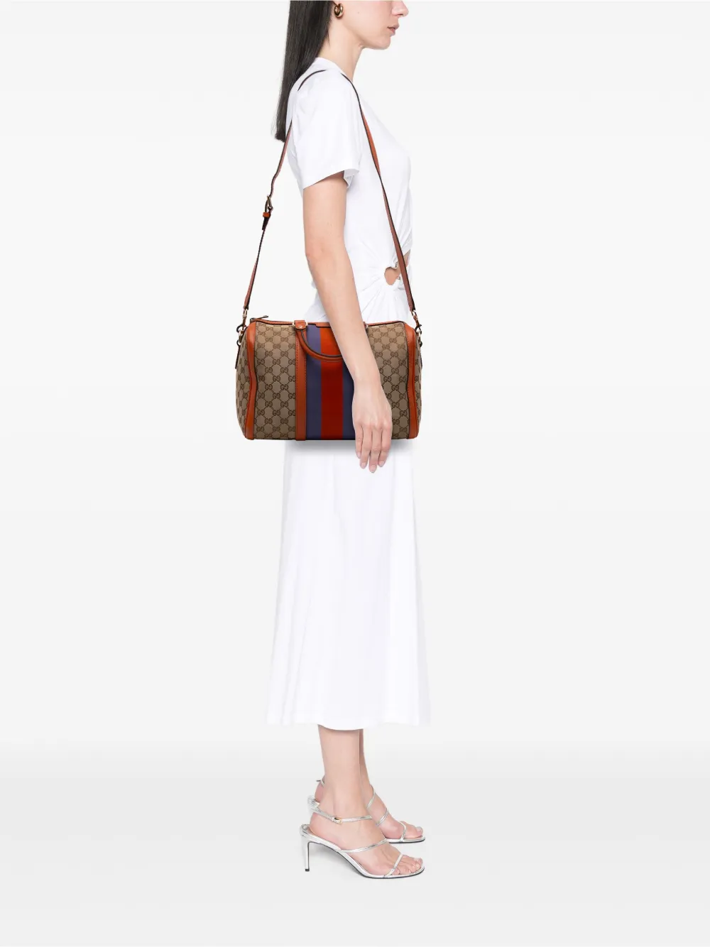 Pre-owned Gucci 2016-2025 Medium Gg Canvas Web Joy Boston Bag Satchel In Brown