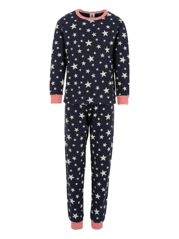 Pigiama Bambini Petit Bateau - Coste 1x1 A Righe Milleraie Blu - Comodo Ed Elasticizzato