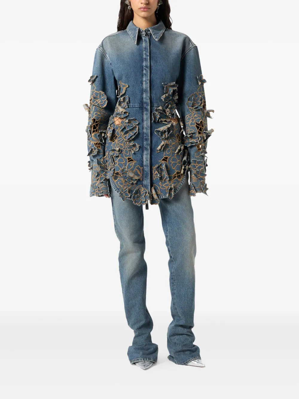 Blumarine Denim blouse met bloemenkant - Blauw